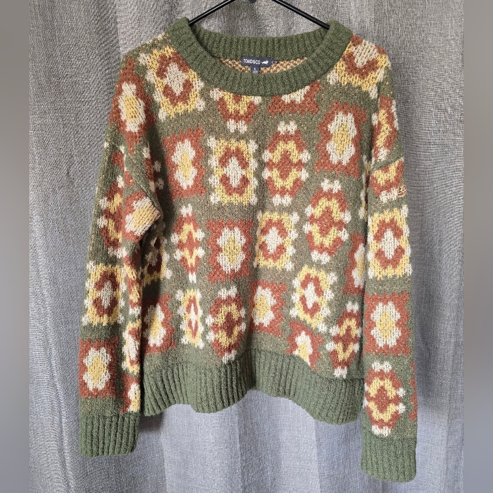 $145 Toad & Co Cotati Wool Blend Dolman Sweater Large Granny Square Grandma Boho